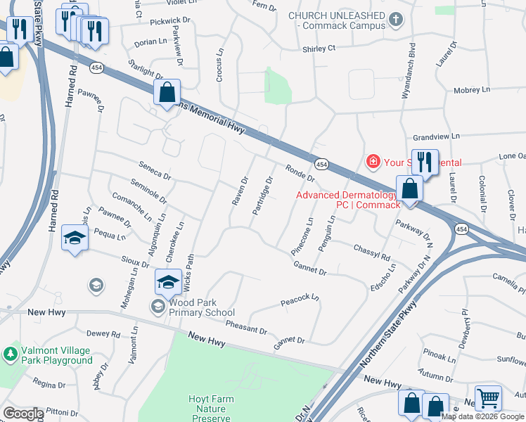 map of restaurants, bars, coffee shops, grocery stores, and more near 17 Partridge Drive in Commack