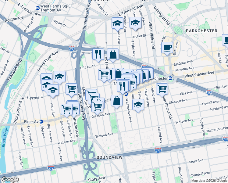 map of restaurants, bars, coffee shops, grocery stores, and more near 1256 Rosedale Avenue in Bronx