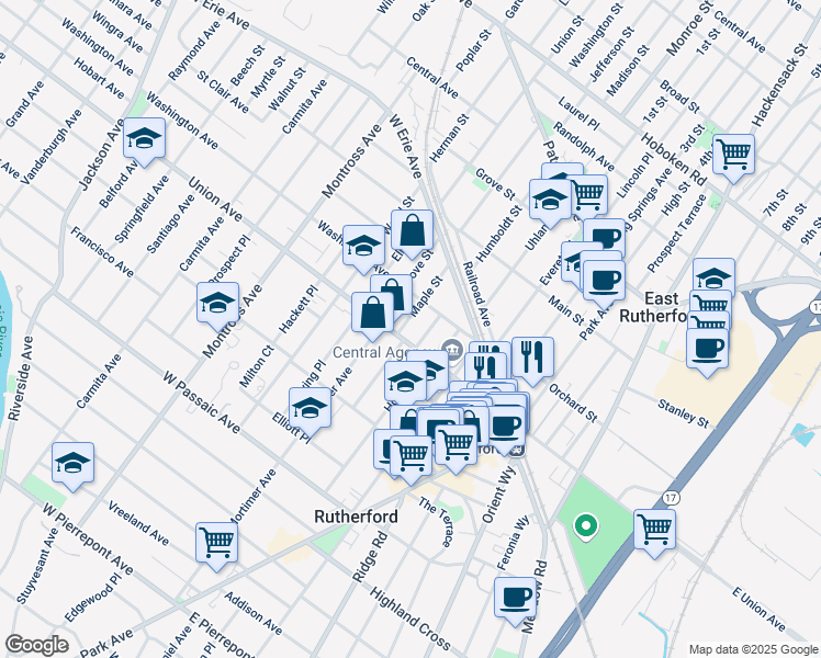 map of restaurants, bars, coffee shops, grocery stores, and more near 47 Ivy Place in Rutherford