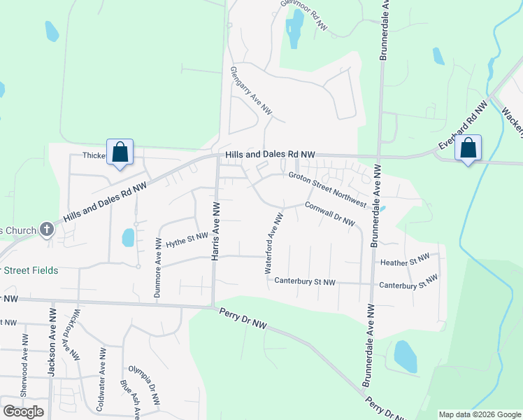 map of restaurants, bars, coffee shops, grocery stores, and more near 3445 Waterford Avenue Northwest in Canton