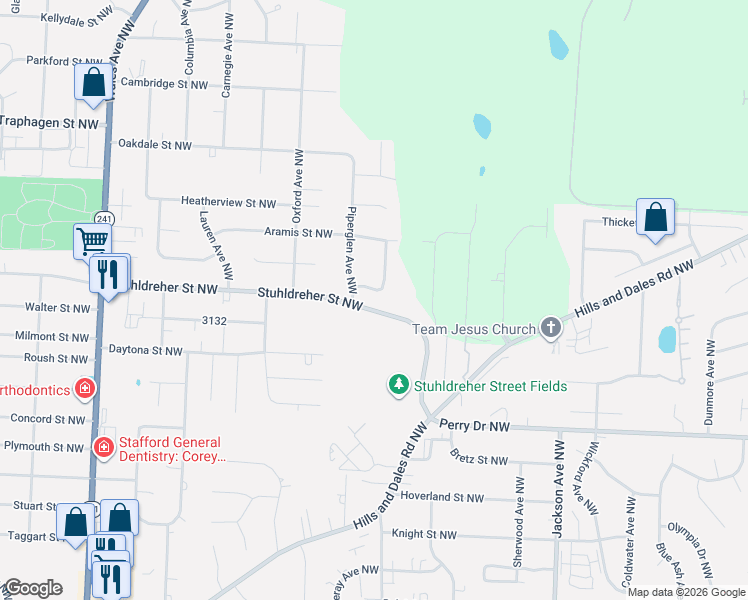 map of restaurants, bars, coffee shops, grocery stores, and more near 7490 Stuhldreher Street Northwest in Massillon