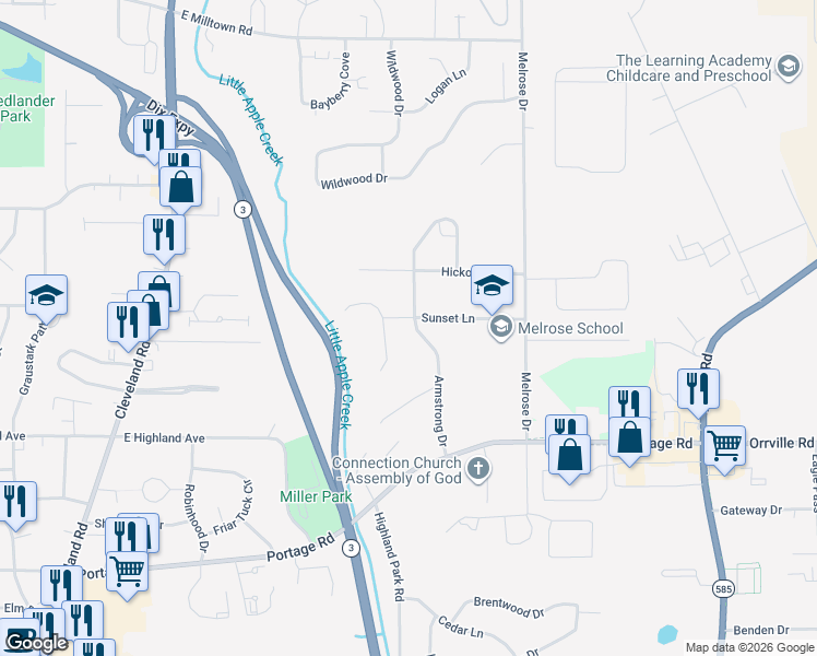map of restaurants, bars, coffee shops, grocery stores, and more near 2640 Armstrong Drive in Wooster