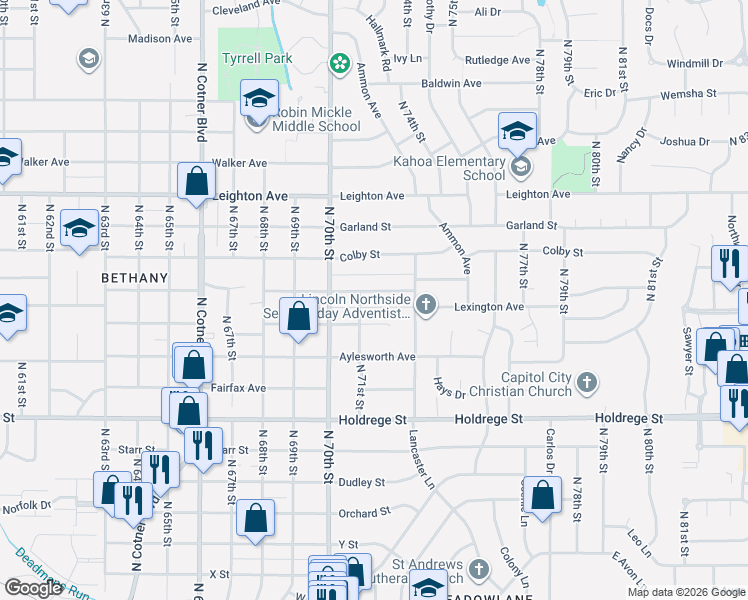 map of restaurants, bars, coffee shops, grocery stores, and more near 7200 Francis Street in Lincoln