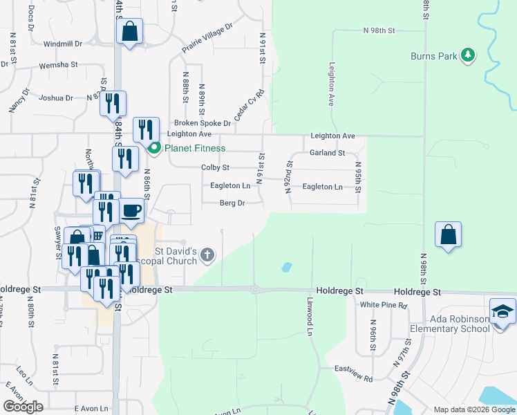 map of restaurants, bars, coffee shops, grocery stores, and more near 9041 Berg Drive in Lincoln
