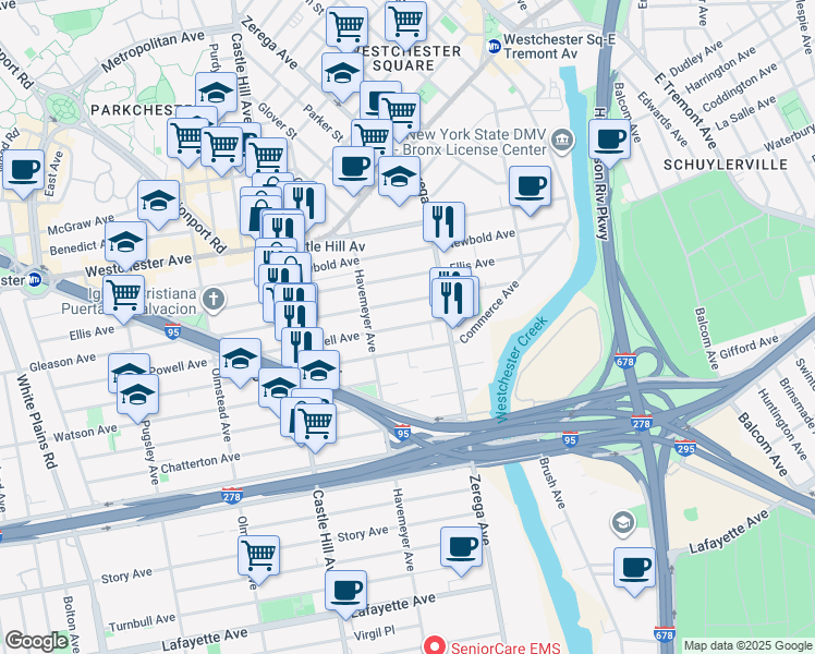 map of restaurants, bars, coffee shops, grocery stores, and more near 2332 Powell Avenue in Bronx