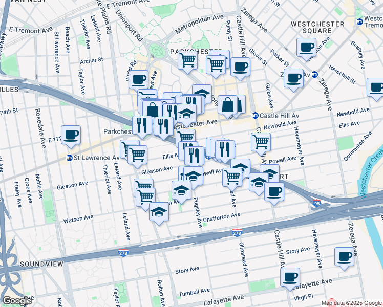 map of restaurants, bars, coffee shops, grocery stores, and more near 1212 Pugsley Avenue in Bronx