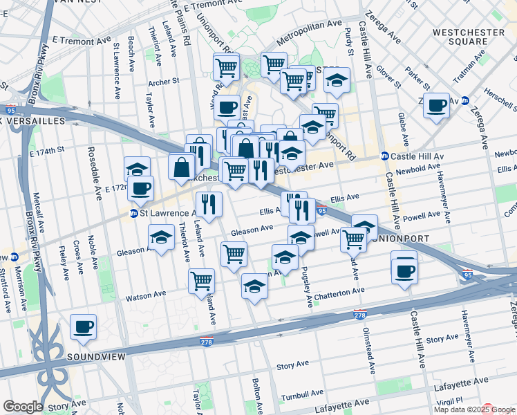 map of restaurants, bars, coffee shops, grocery stores, and more near 1941 Ellis Avenue in The Bronx