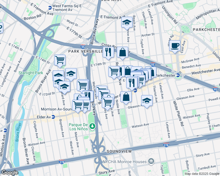 map of restaurants, bars, coffee shops, grocery stores, and more near 1265 Noble Avenue in Bronx