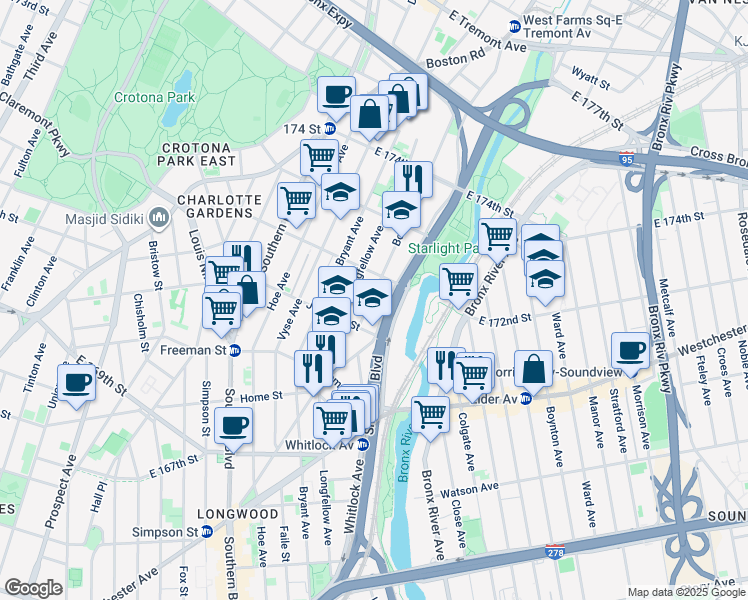 map of restaurants, bars, coffee shops, grocery stores, and more near 1471 West Farms Road in The Bronx