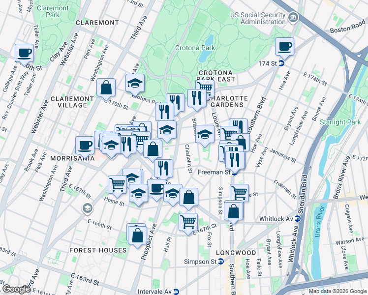 map of restaurants, bars, coffee shops, grocery stores, and more near in The Bronx