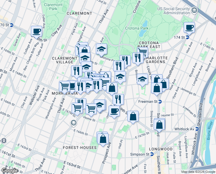 map of restaurants, bars, coffee shops, grocery stores, and more near 1297 Union Avenue in Bronx