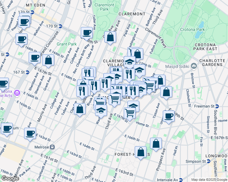 map of restaurants, bars, coffee shops, grocery stores, and more near in The Bronx