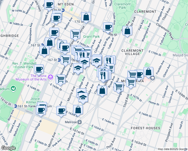 map of restaurants, bars, coffee shops, grocery stores, and more near 1148 Findlay Avenue in Bronx