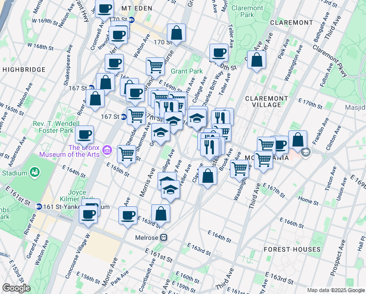 map of restaurants, bars, coffee shops, grocery stores, and more near 1148 Findlay Avenue in Bronx