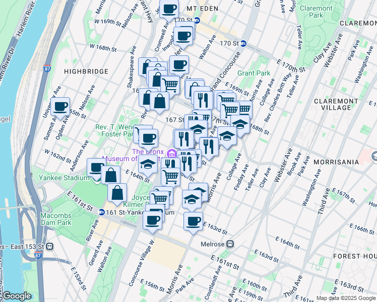 map of restaurants, bars, coffee shops, grocery stores, and more near 195 East 166th Street in Bronx