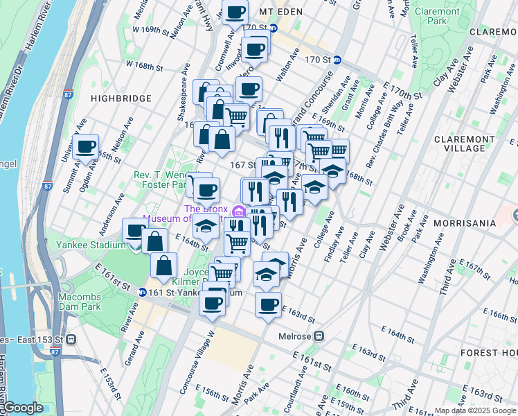 map of restaurants, bars, coffee shops, grocery stores, and more near 195 East 166th Street in Bronx