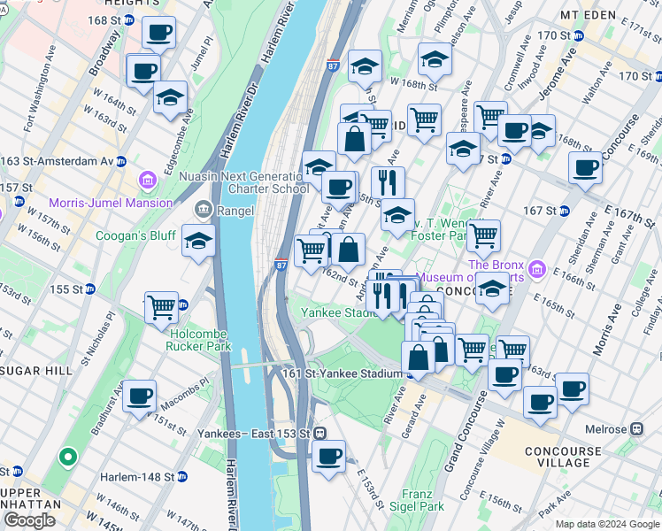 map of restaurants, bars, coffee shops, grocery stores, and more near 955 Woodycrest Avenue in The Bronx