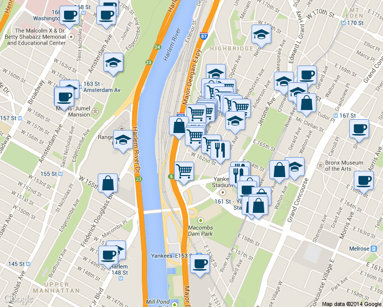 map of restaurants, bars, coffee shops, grocery stores, and more near 943 Ogden Avenue in Bronx