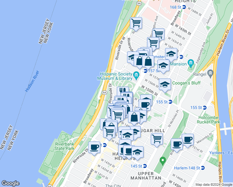 map of restaurants, bars, coffee shops, grocery stores, and more near 625 West 152nd Street in New York