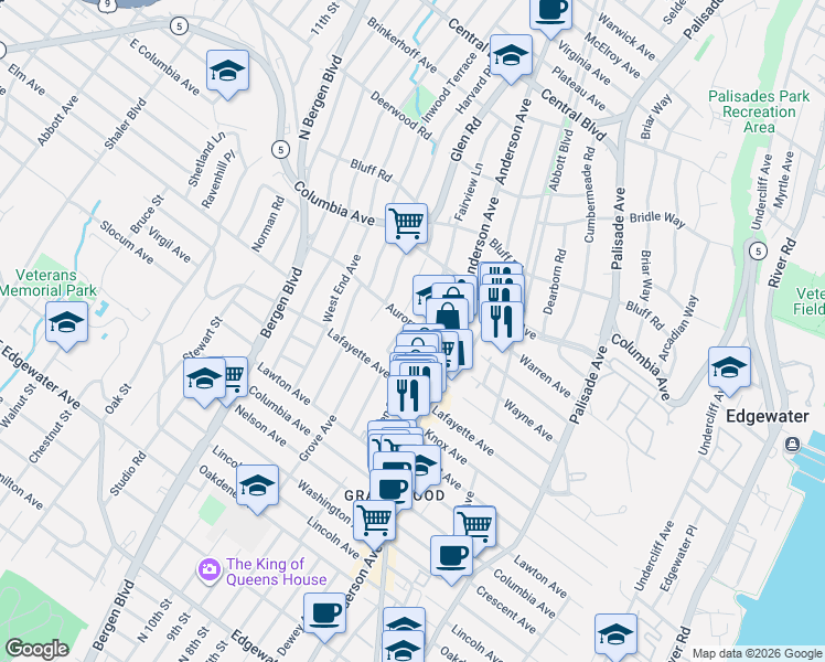 map of restaurants, bars, coffee shops, grocery stores, and more near 364 Aurora Avenue in Cliffside Park
