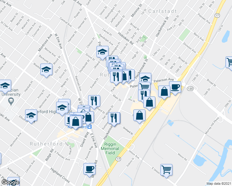 map of restaurants, bars, coffee shops, grocery stores, and more near 165 Main Street in East Rutherford