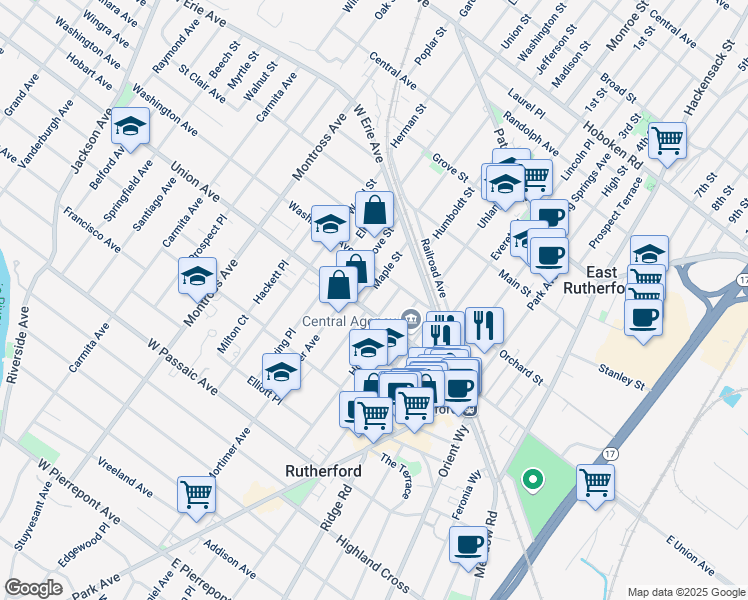 map of restaurants, bars, coffee shops, grocery stores, and more near 47 Ivy Place in Rutherford