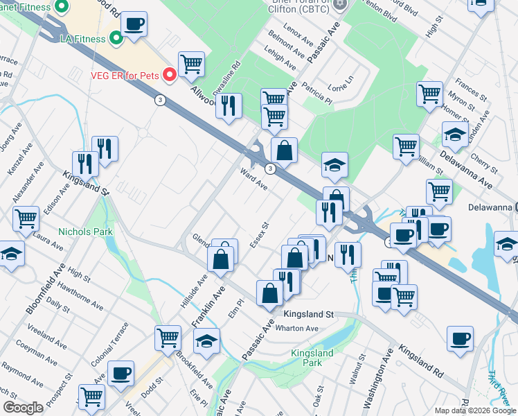 map of restaurants, bars, coffee shops, grocery stores, and more near 1 Lois Avenue in Clifton