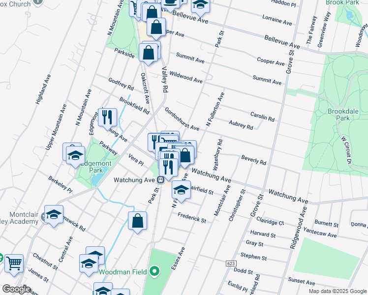 map of restaurants, bars, coffee shops, grocery stores, and more near 259 Park Street in Montclair