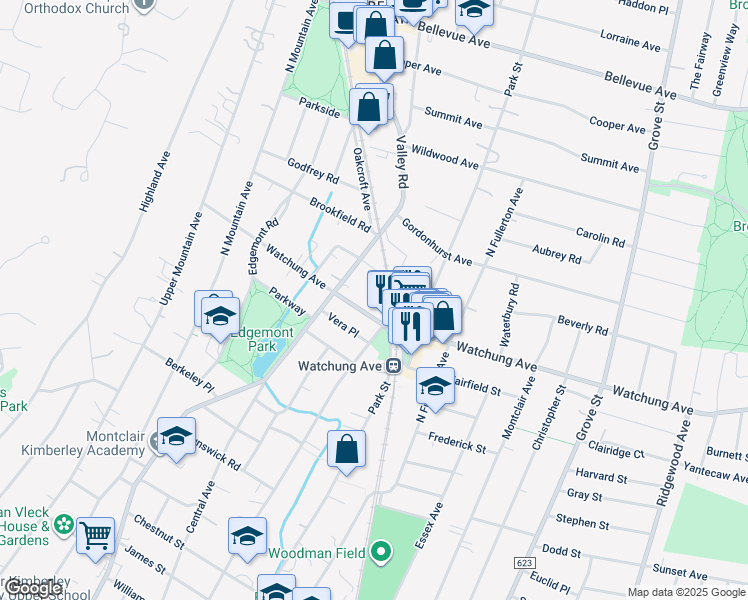 map of restaurants, bars, coffee shops, grocery stores, and more near 88 Watchung Avenue in Montclair