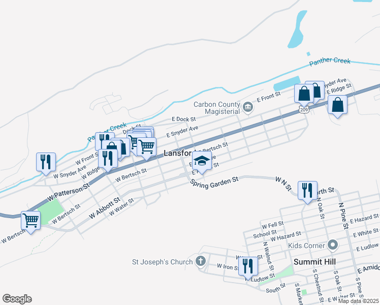 map of restaurants, bars, coffee shops, grocery stores, and more near in Lansford