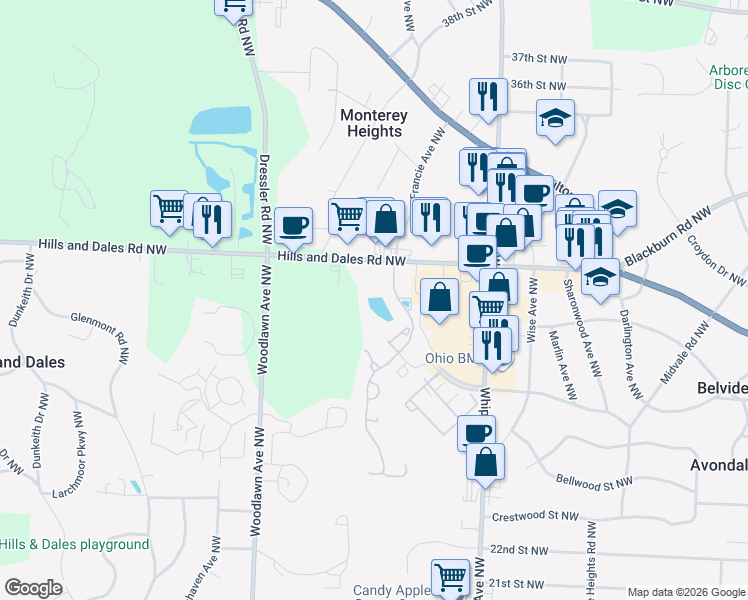 map of restaurants, bars, coffee shops, grocery stores, and more near 2883 Charing Cross Road Northwest in Canton