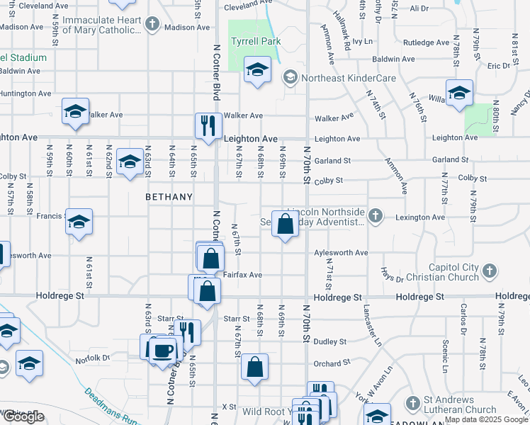 map of restaurants, bars, coffee shops, grocery stores, and more near 1825 North 69th Street in Lincoln