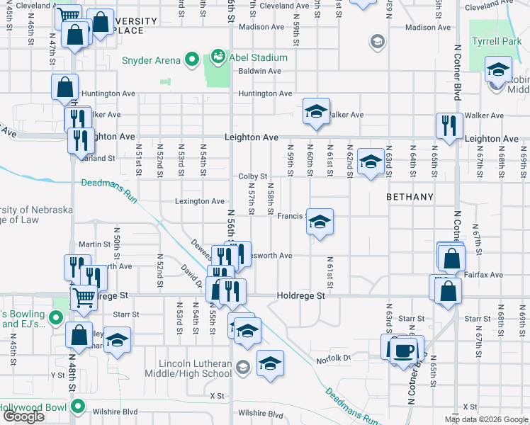 map of restaurants, bars, coffee shops, grocery stores, and more near 1845 North 58th Street in Lincoln