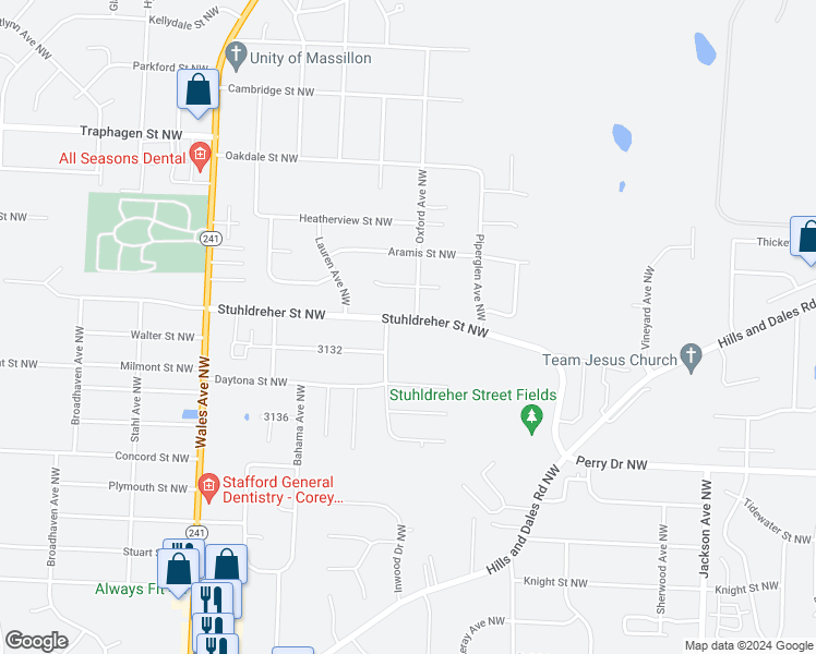 map of restaurants, bars, coffee shops, grocery stores, and more near 7678 Stuhldreher Street Northwest in Massillon