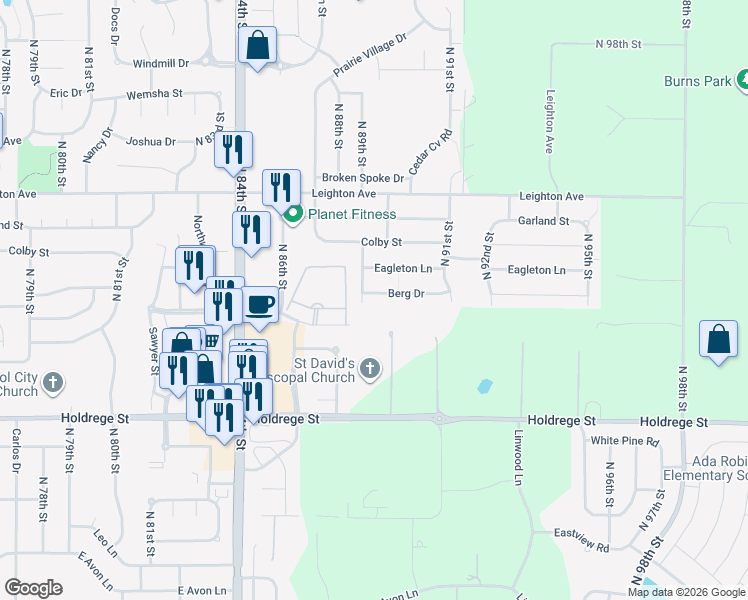 map of restaurants, bars, coffee shops, grocery stores, and more near 8811 Berg Drive in Lincoln