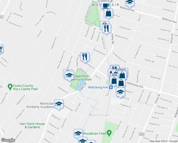map of restaurants, bars, coffee shops, grocery stores, and more near 7 Parkway in Montclair