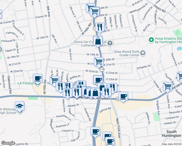 map of restaurants, bars, coffee shops, grocery stores, and more near 18 West 22nd Street in Huntington Station