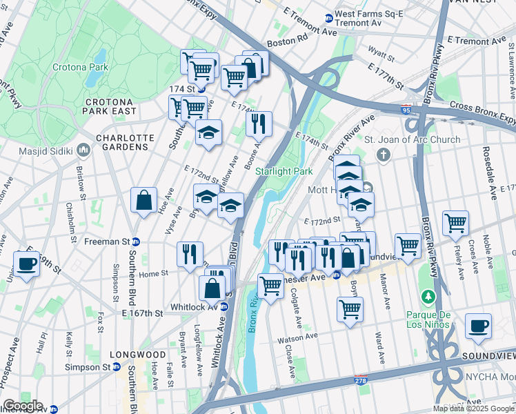map of restaurants, bars, coffee shops, grocery stores, and more near 1460 Sheridan Boulevard in The Bronx