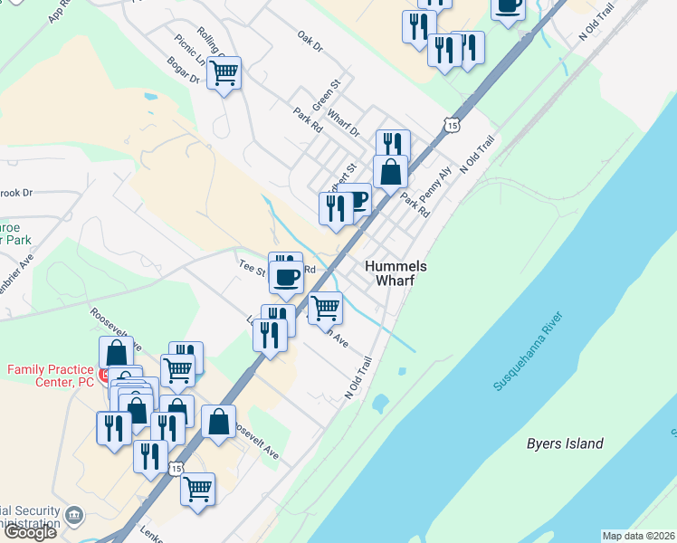 map of restaurants, bars, coffee shops, grocery stores, and more near 1-99 Susquehanna Trail in Selinsgrove