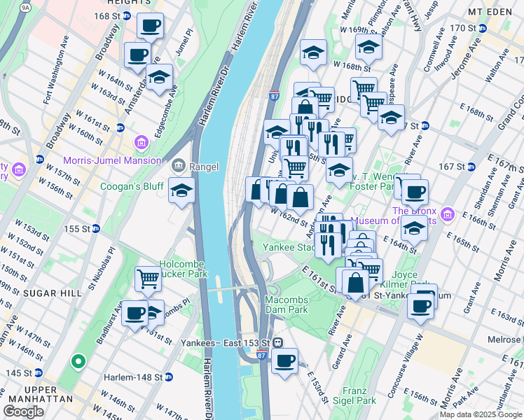 map of restaurants, bars, coffee shops, grocery stores, and more near 943 Ogden Avenue in Bronx