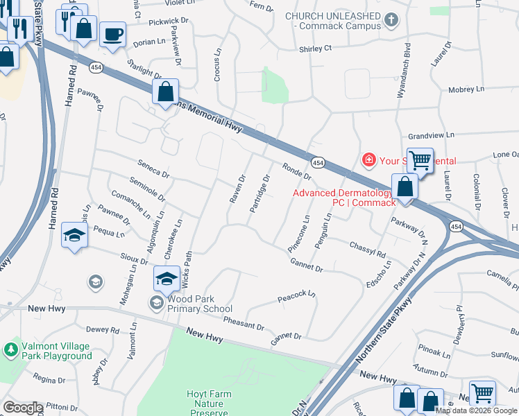 map of restaurants, bars, coffee shops, grocery stores, and more near 17 Partridge Drive in Commack