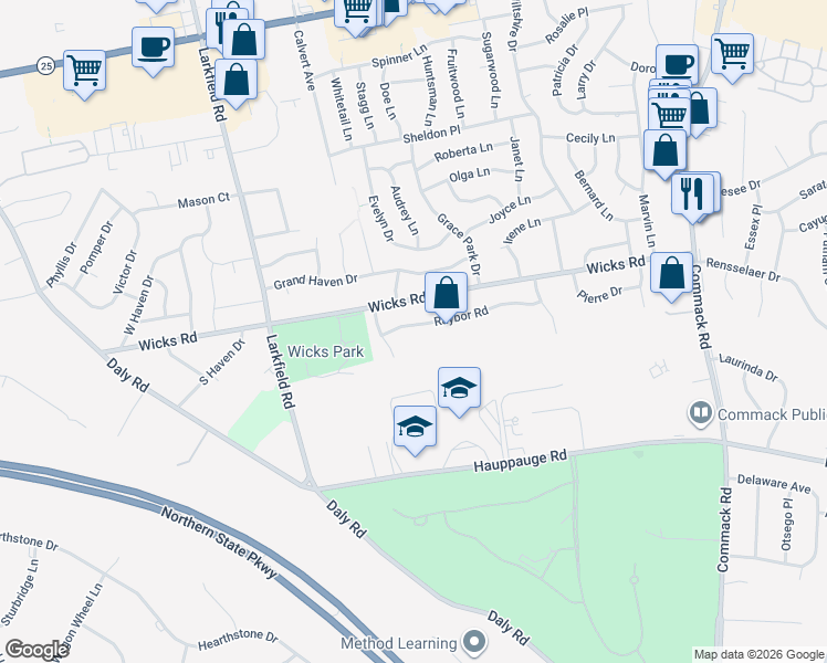 map of restaurants, bars, coffee shops, grocery stores, and more near 29 Raybor Road in Commack