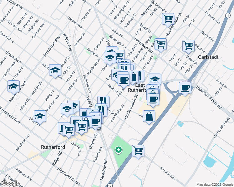 map of restaurants, bars, coffee shops, grocery stores, and more near 159 Park Avenue in East Rutherford