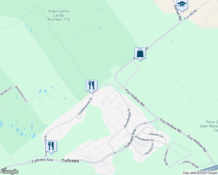 map of restaurants, bars, coffee shops, grocery stores, and more near 910 Cricklewood Drive in State College