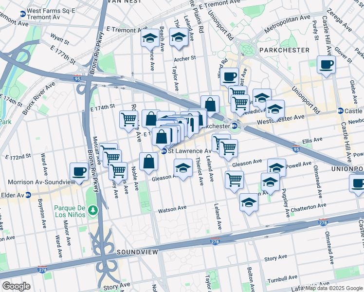 map of restaurants, bars, coffee shops, grocery stores, and more near 1252 Beach Avenue in Bronx