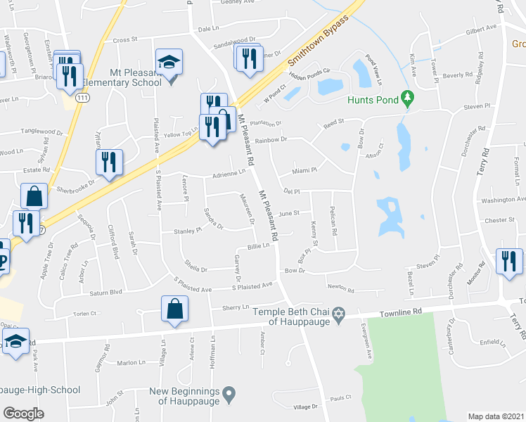 map of restaurants, bars, coffee shops, grocery stores, and more near 28 Maureen Drive in Hauppauge