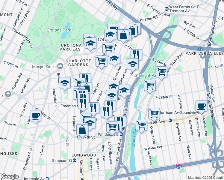 map of restaurants, bars, coffee shops, grocery stores, and more near 1452 Longfellow Avenue in Bronx