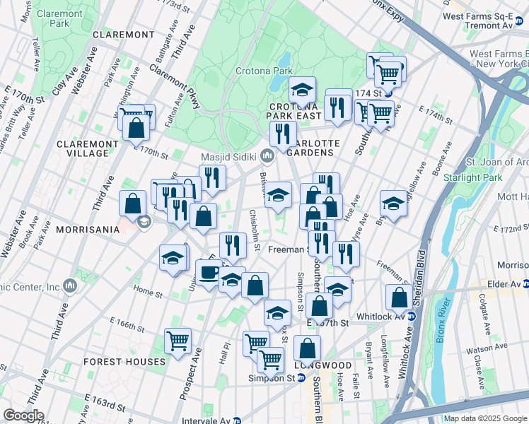 map of restaurants, bars, coffee shops, grocery stores, and more near 1330 Bristow Street in Bronx