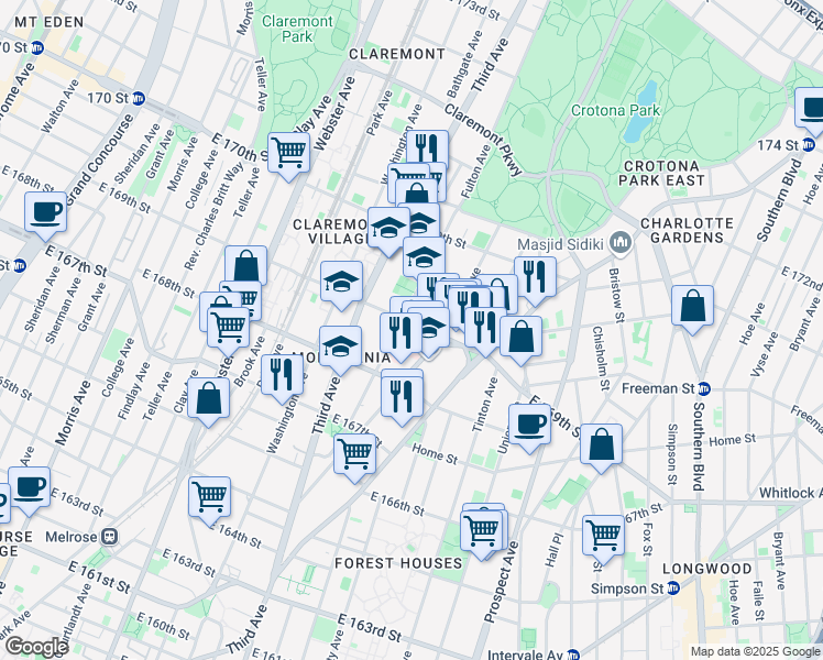 map of restaurants, bars, coffee shops, grocery stores, and more near 1235 Franklin Avenue in The Bronx