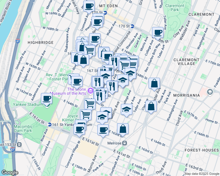 map of restaurants, bars, coffee shops, grocery stores, and more near 1114 Sherman Avenue in The Bronx